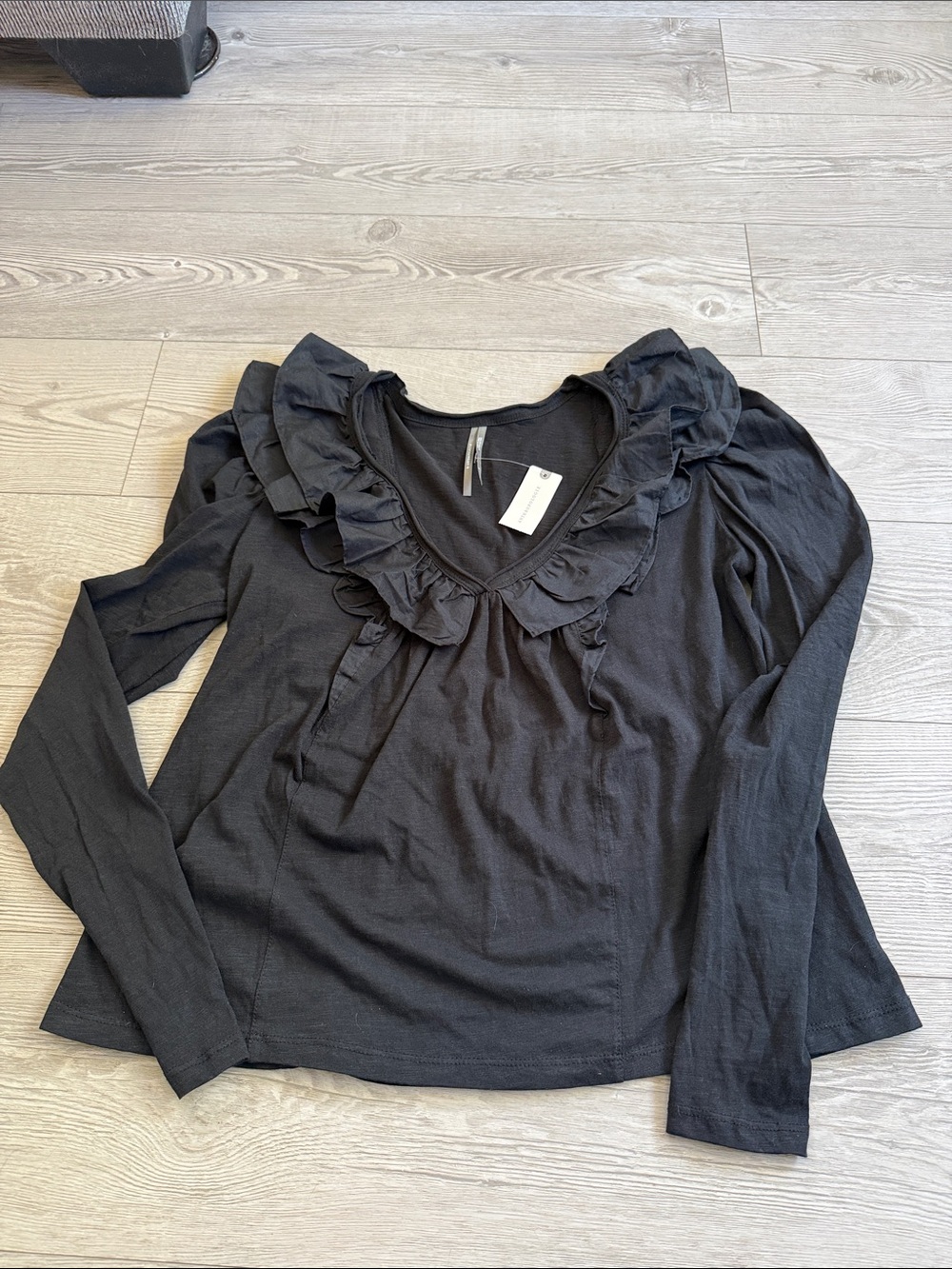 Anthropologie Black Ruffle V-Neck Long Sleeve Top